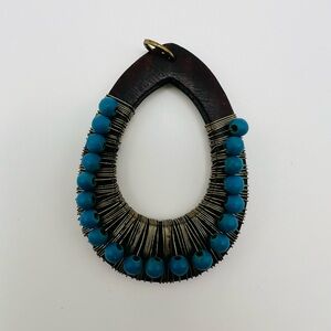 Boho Wood Teardrop Pendant w/ Turquoise Beads Wrapped Wire Design